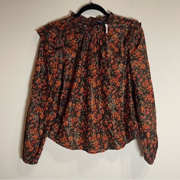 GAP NWT Ruffle Shirt Metallic Cornucopia Red & Black Floral Small - Picture 5 of 9
